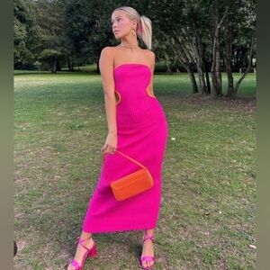 Elegant Fushia Pink & Orange Strapless Cut Out Bandeau Ribbed Maxi Dress